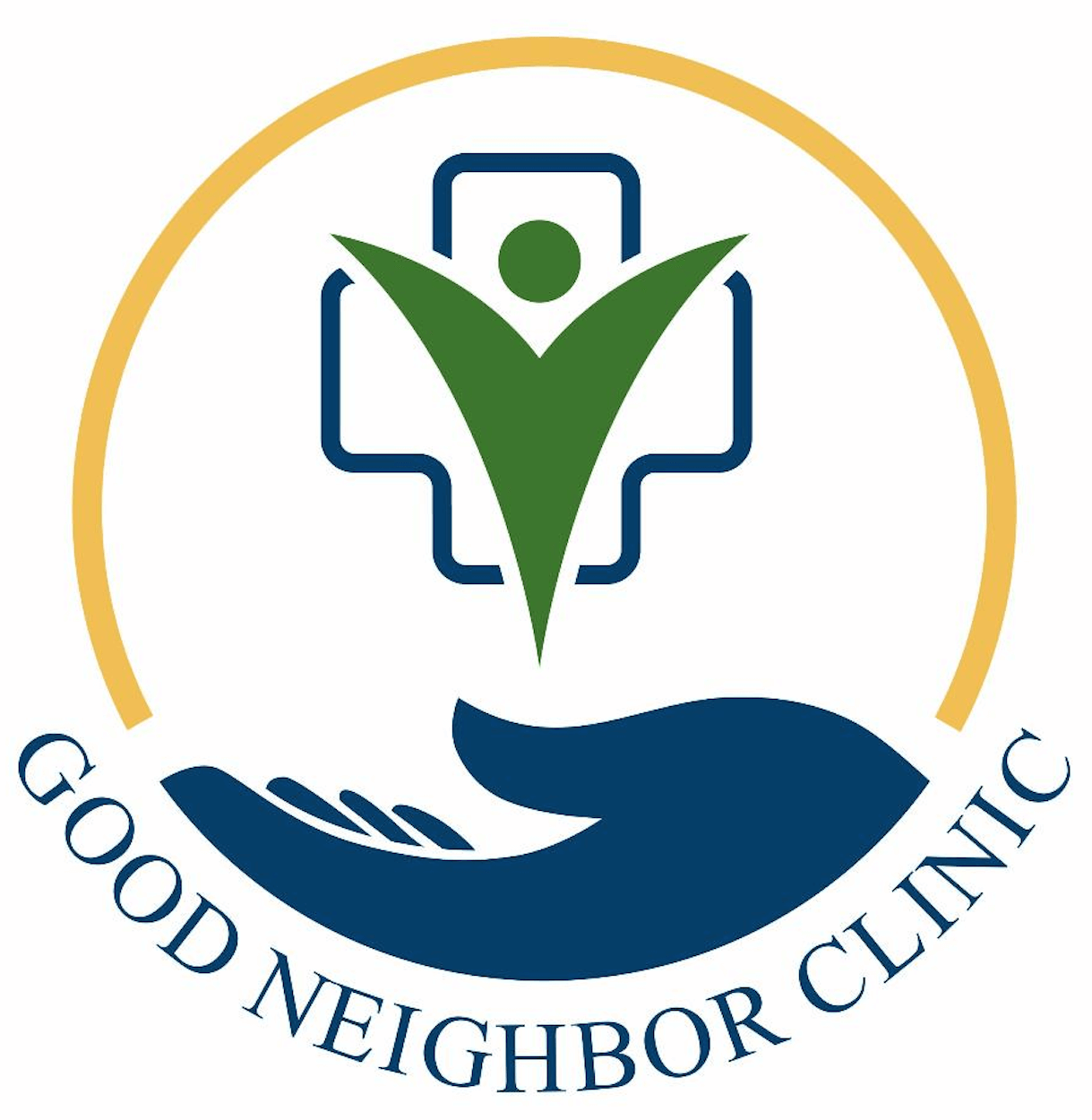 A good neighbor clinic logo with a hand and cross.